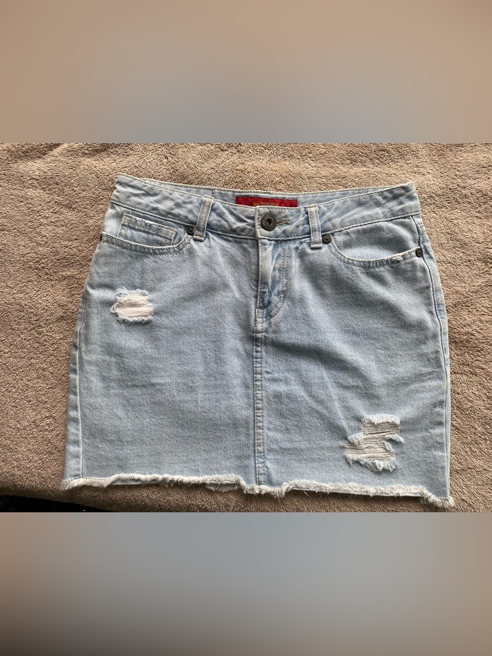 Indigo Bank Distressed Denim Mini Skirt Light Wash Frayed Hem Size 28